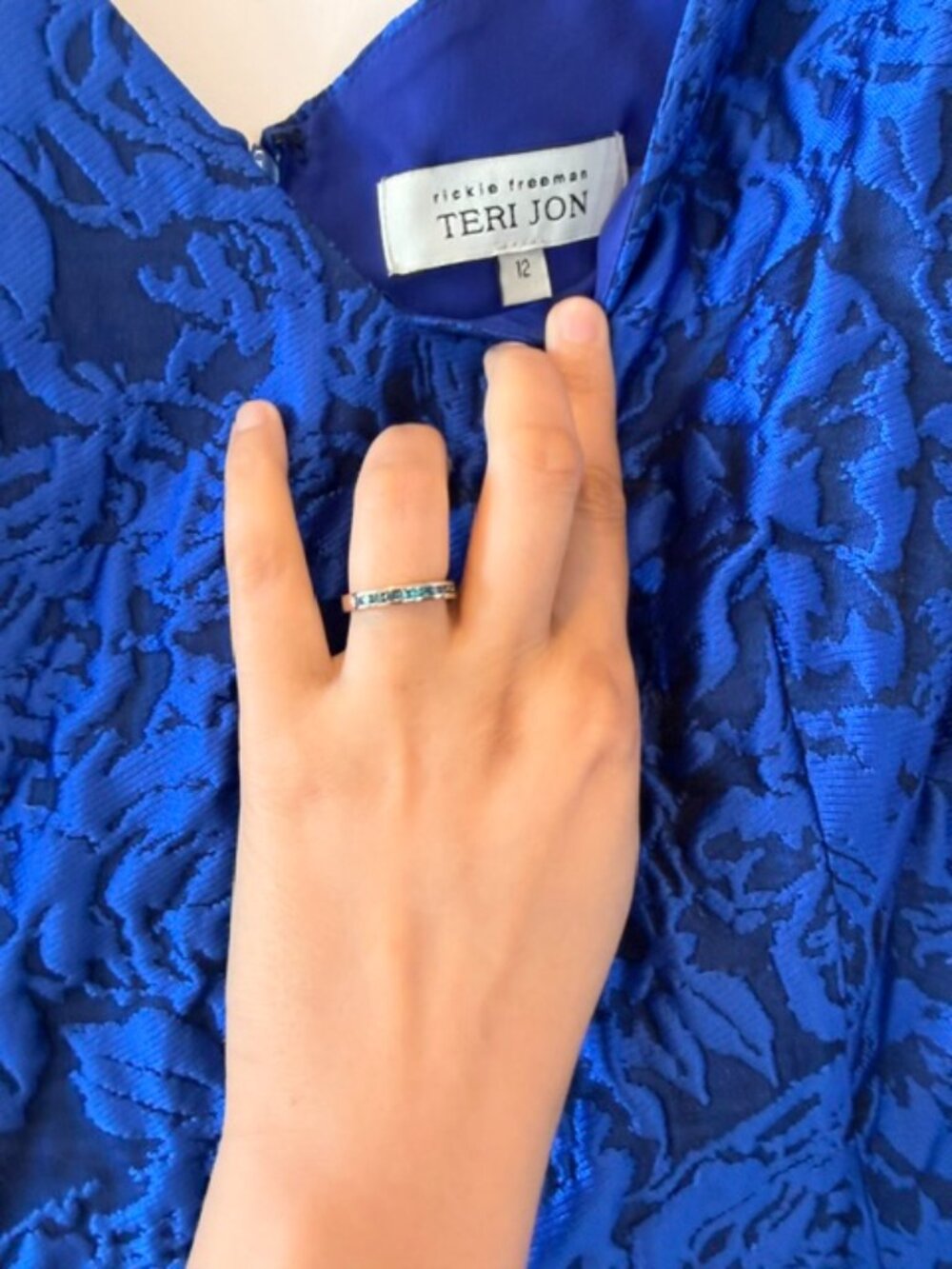 Teri Jon by Rickie Freeman Jacquard Dress in Blue - Size 12